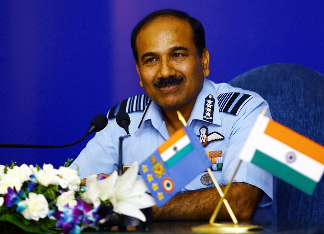 The Chairman Chiefs of Staff Committee and Chief of the Air Staff, Air Chief Marshal Arup Raha addresses a press conference in New Delhi, on Oct.4, 2014. (Photo: IANS)